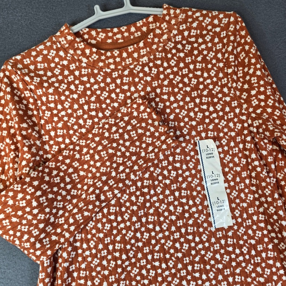 Cat & Jack Floral Ribbed Top Kids Size L (10-12) Cinnamon Brown Long Sleeve